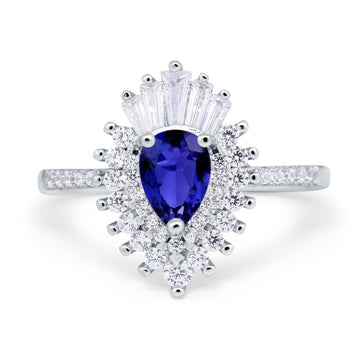 Art Deco Teardrop Pear Wedding Ring Simulated Blue Sapphire CZ 925 Sterling Silver